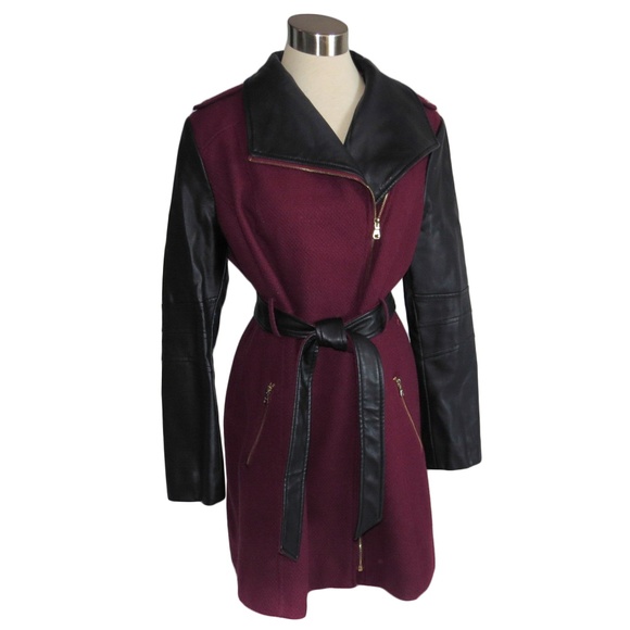 Guess Jackets & Blazers - Guess Burgundy & Faux Leather Winter Trench Coat X